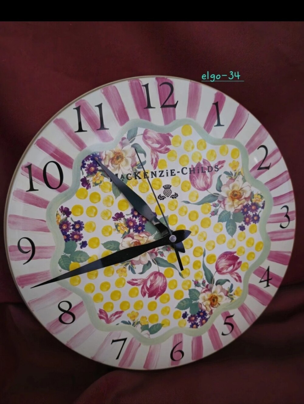 MacKenzie-Childs Pink, Yellow and Black Floral Polka Dot Wall Clock